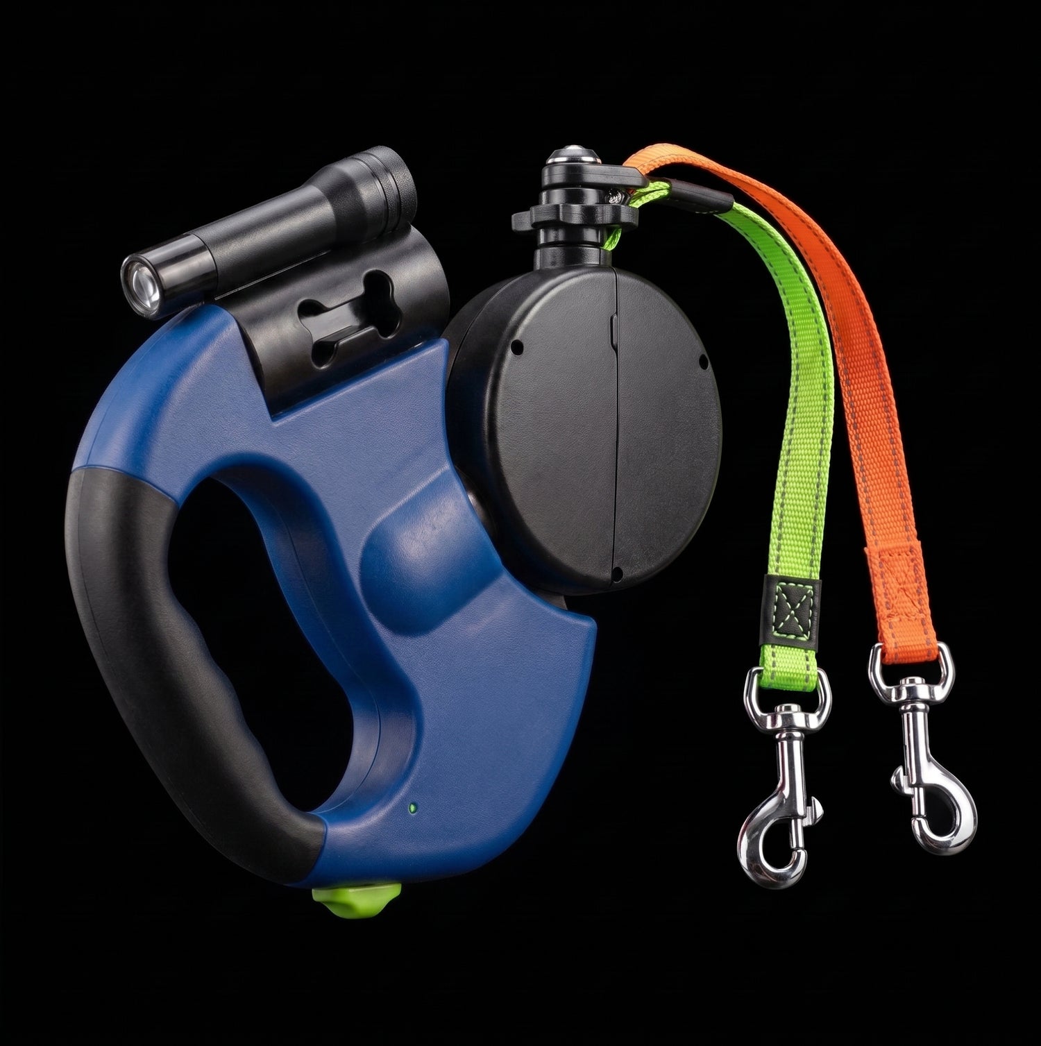 Retractable dual leash features a 360° swivel