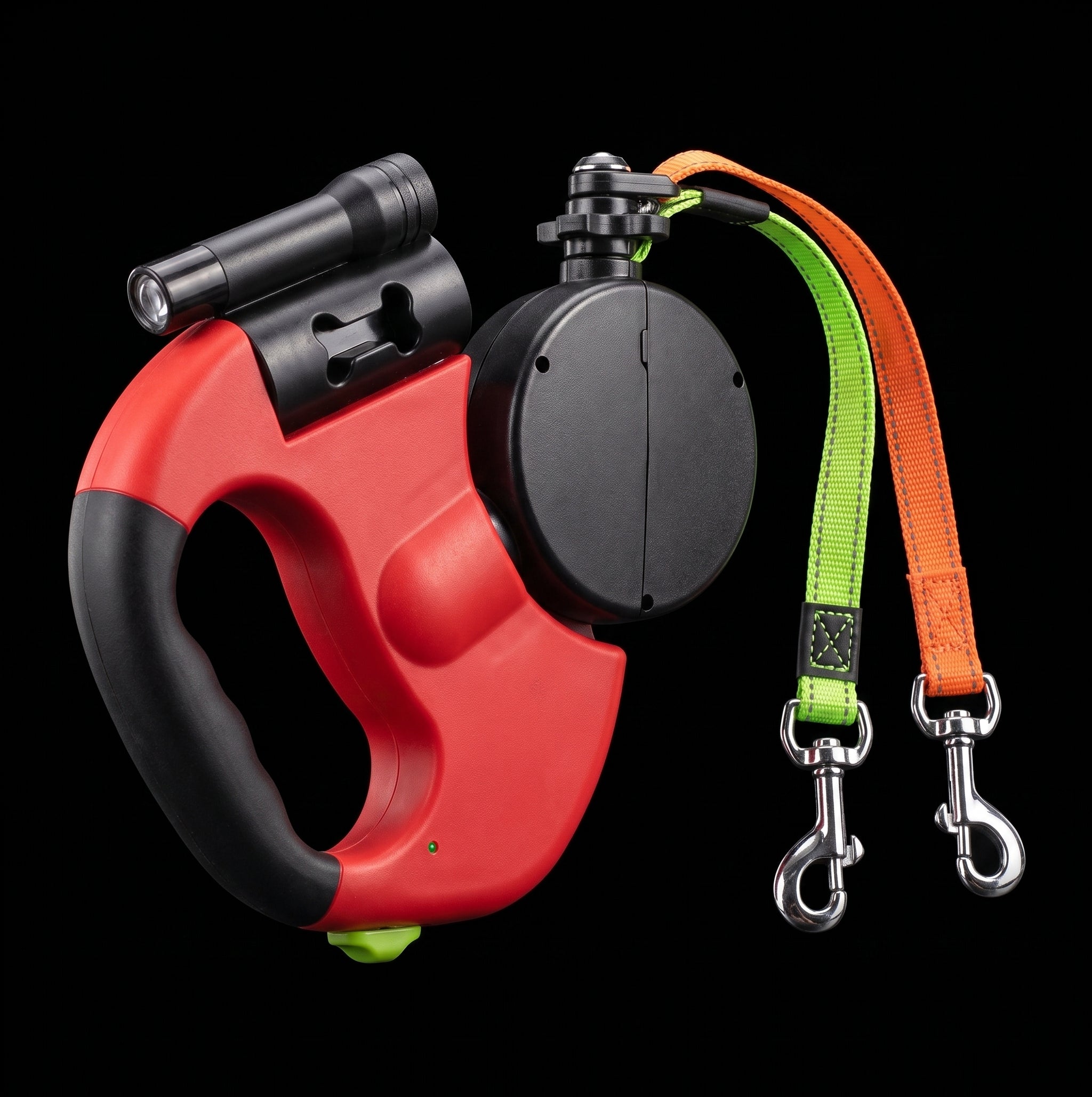 Retractable dual leash features a 360° swivel