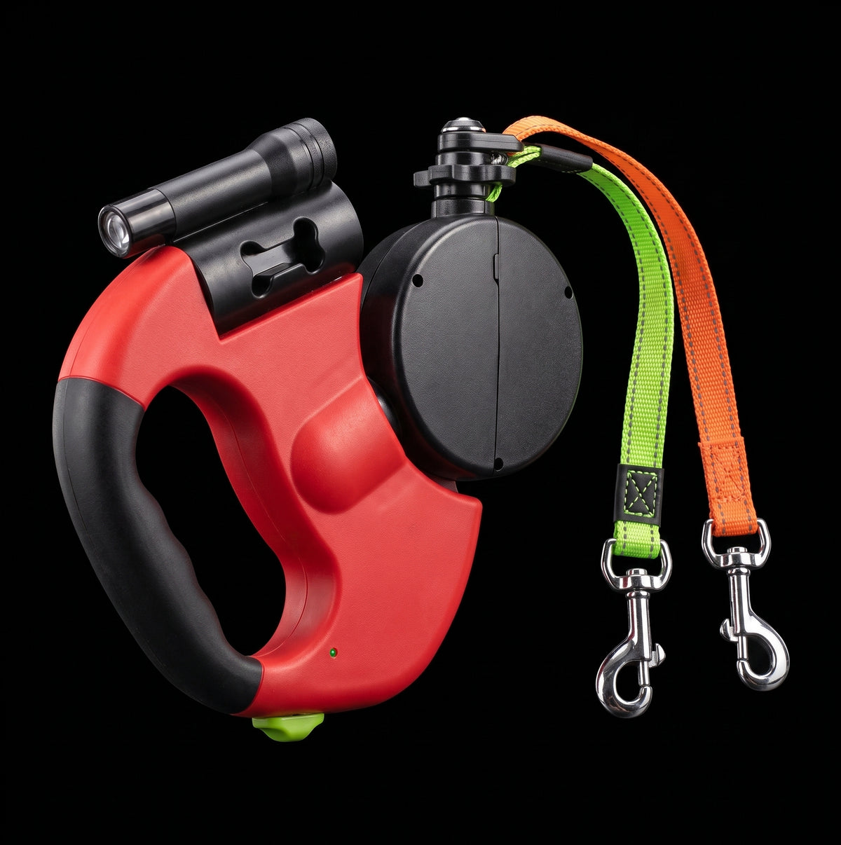 Retractable dual leash features a 360° swivel