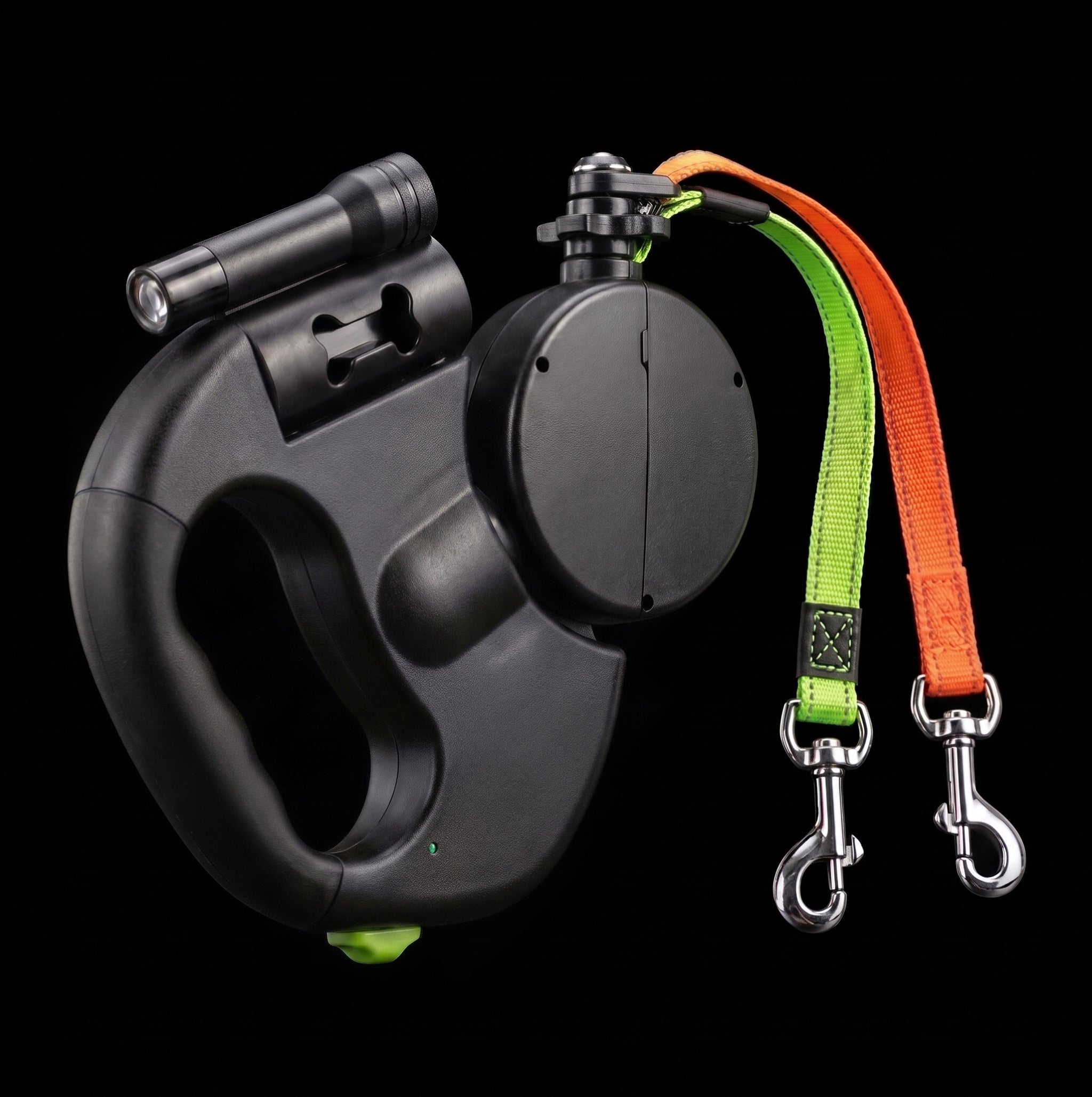 Retractable dual leash features a 360° swivel