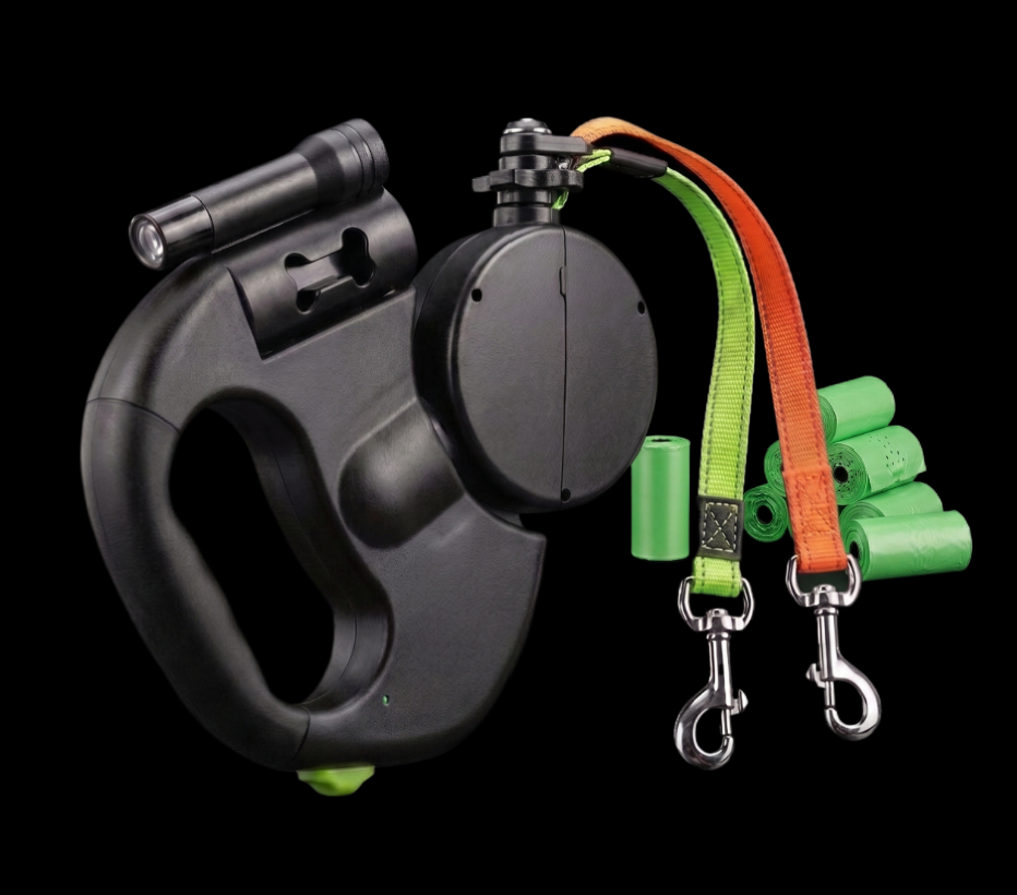Retractable dual leash features a 360° swivel